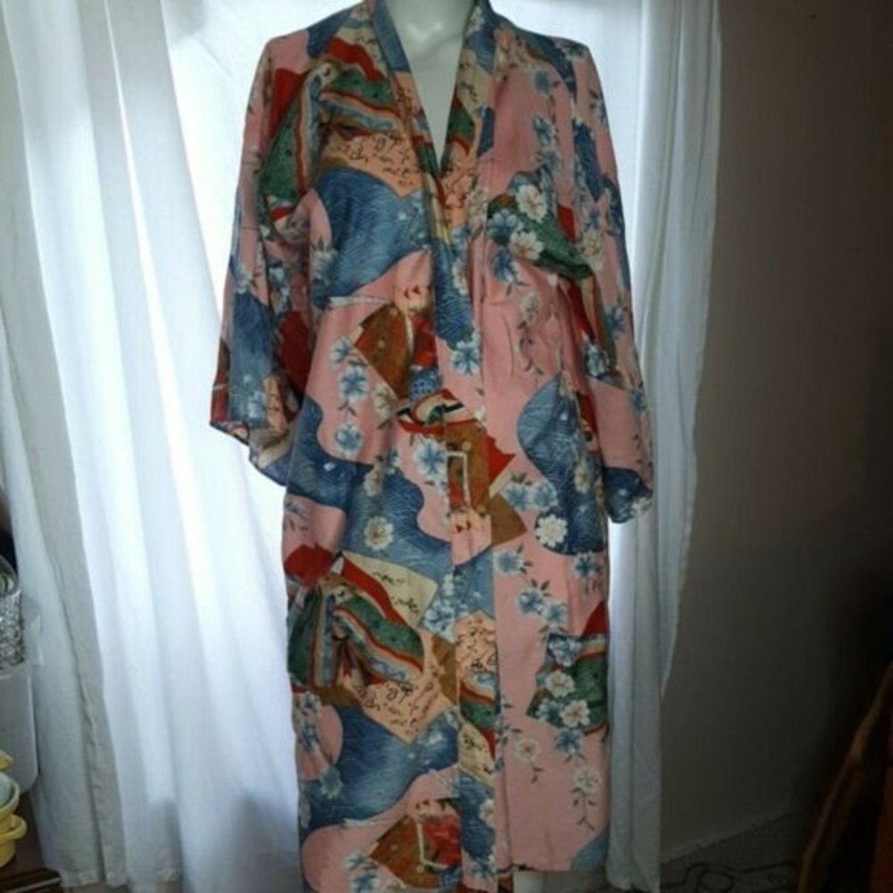ICHI BAN Oriental 100% Cotton Floral Kimono Robe‎ Made in Japan Vtg
